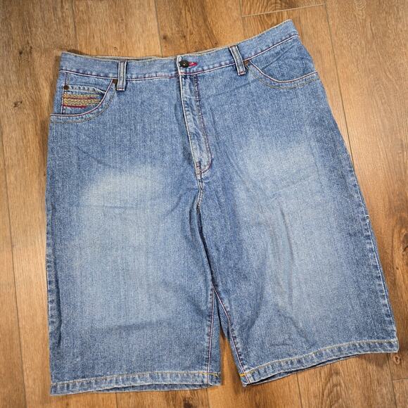 96 NORTH Men’s 40 Denim Shorts Distressed Embroidered Wide Leg Baggy Y2K Style - Picture 1 of 11
